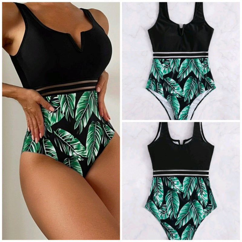 Damen Hochtaillierter Badeanzug mit V-Ausschnitt und Mesh-Details R&B
