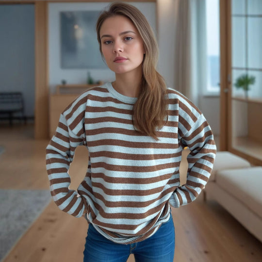 Damen lässiger Oversize-Pullover mit breiten Streifen R&B