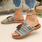 Damen Bequeme Zehensteg-Pantoletten mit buntem Muster und eleganter Quaste R&B
