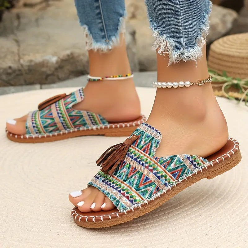 Damen Bequeme Zehensteg-Pantoletten mit buntem Muster und eleganter Quaste R&B