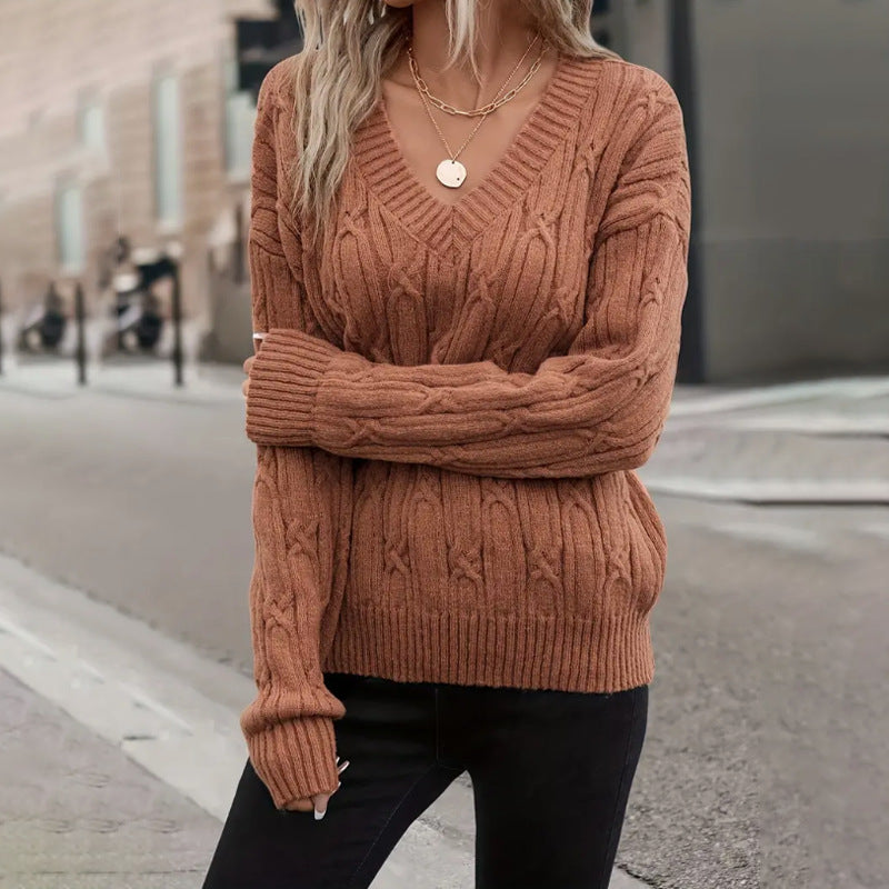 Damen Strickpullover mit V-Ausschnitt und Zopfmuster R&B