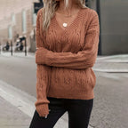 Damen Strickpullover mit V-Ausschnitt und Zopfmuster R&B