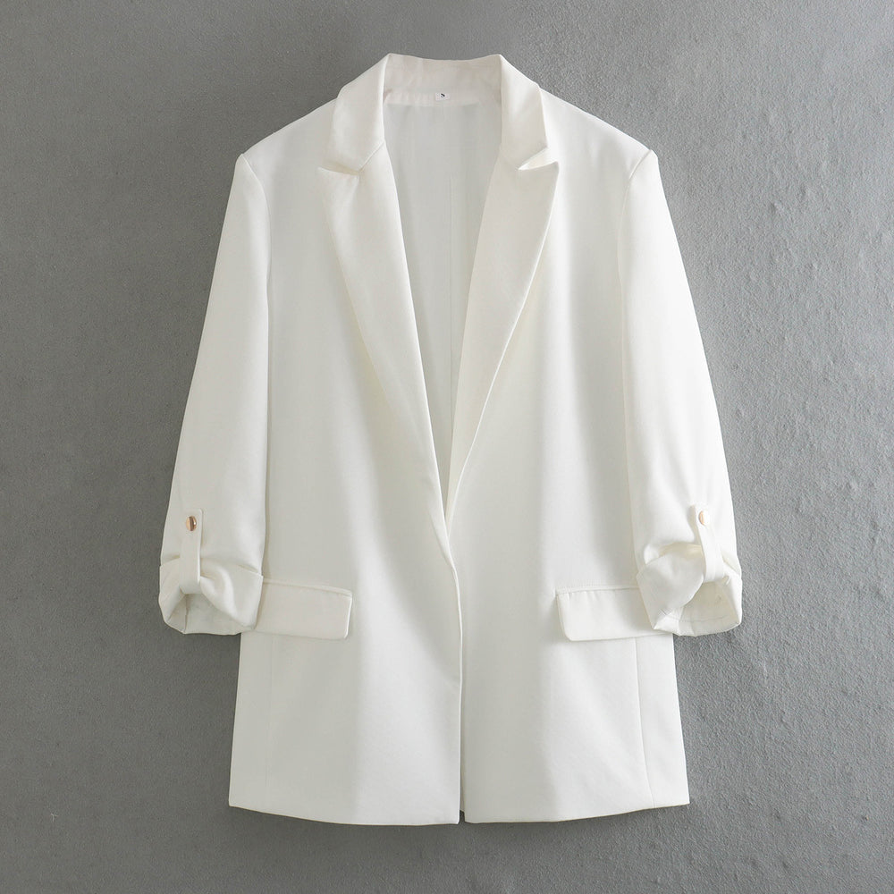 Damen elegante Blazerjacke mit strukturierten Ärmeln und dezenten Goldakzenten R&B