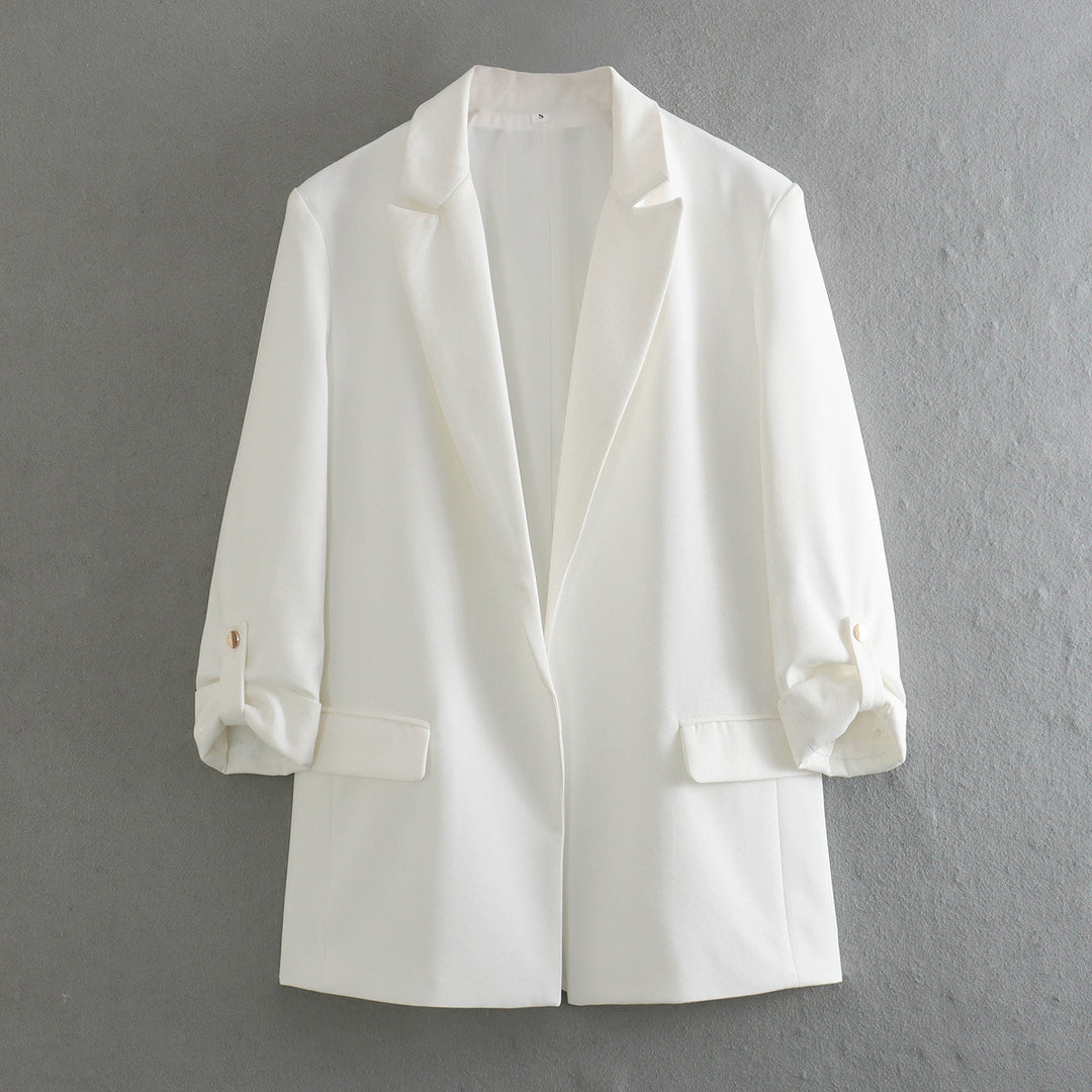 Damen elegante Blazerjacke mit strukturierten Ärmeln und dezenten Goldakzenten R&B