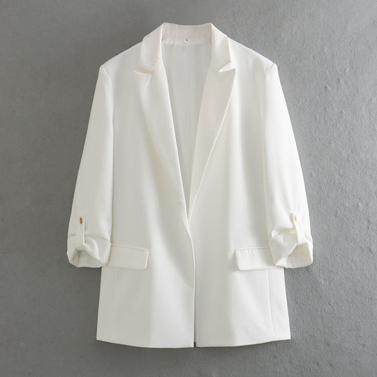 Damen elegante Blazerjacke mit strukturierten Ärmeln und dezenten Goldakzenten R&B