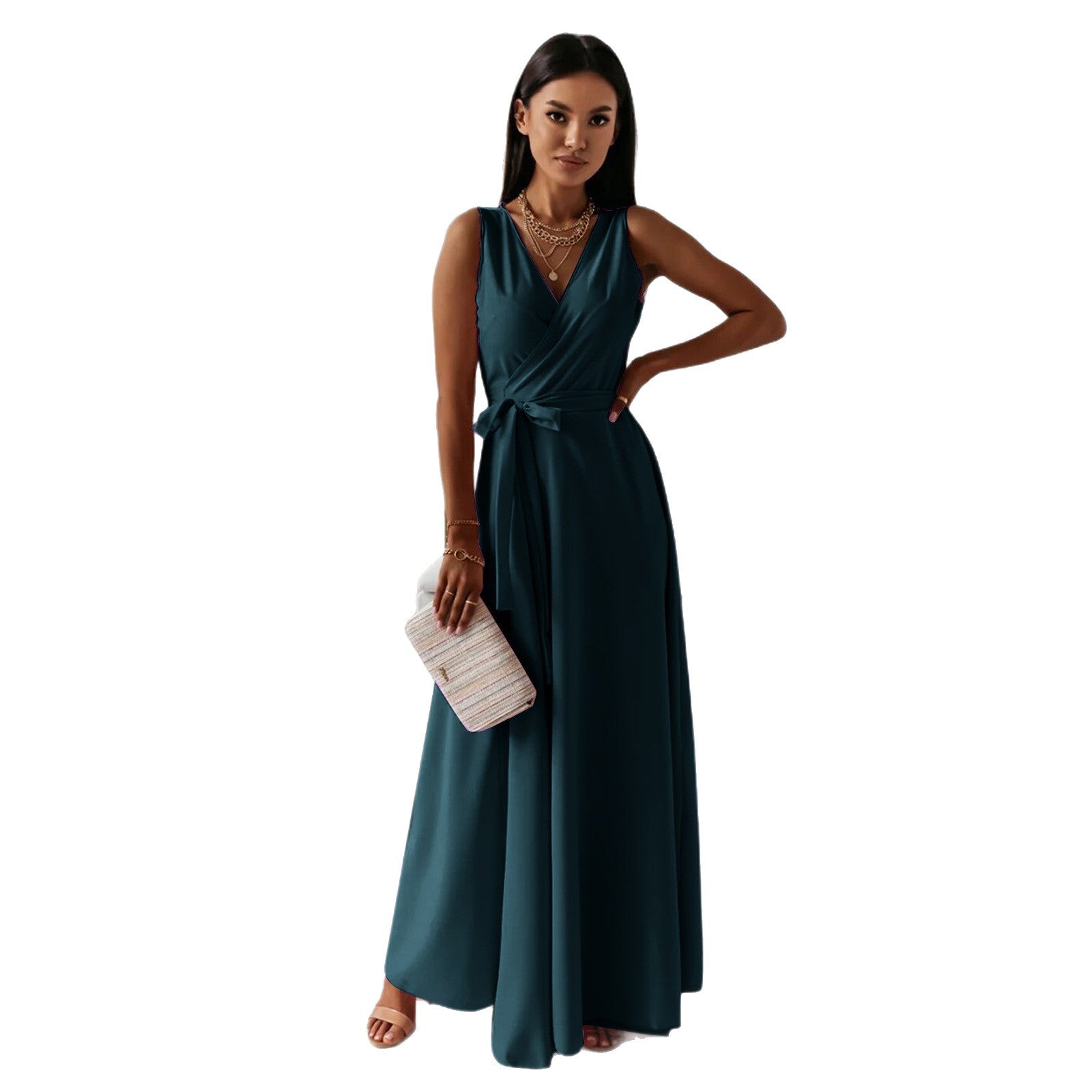 Damen elegantes Wickelkleid mit Taillengürtel R&B