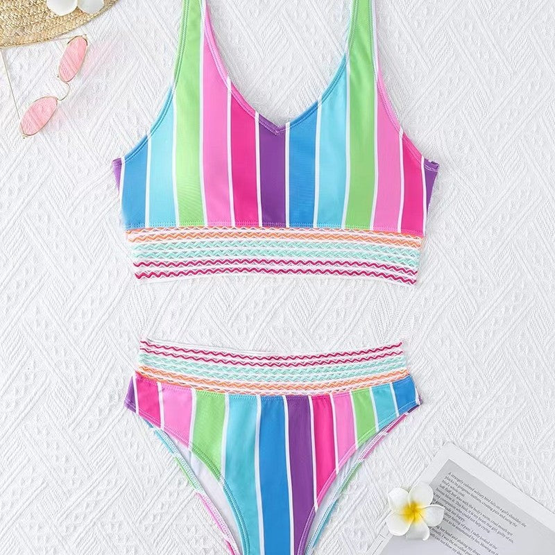 Damen Bikini-Set mit breitem Farbblockdesign und hohem Bündchen R&B
