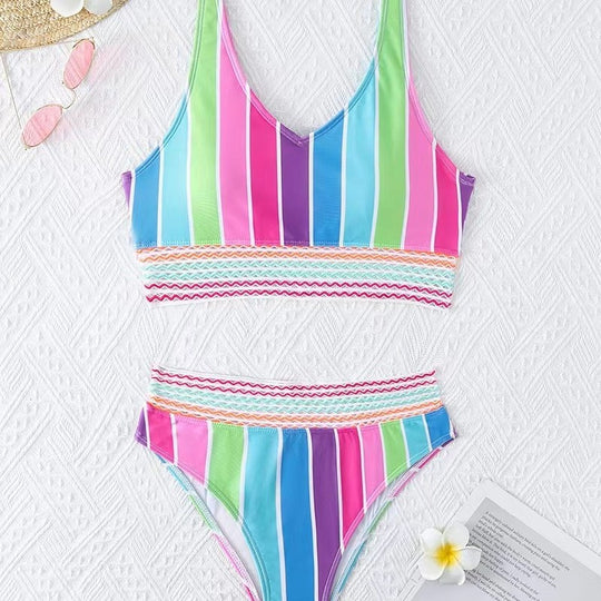 Damen Bikini-Set mit breitem Farbblockdesign und hohem Bündchen R&B