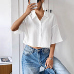 Damen nan weite Kurzbluse mit Hemdkragen und feiner Plissee-Struktur R&B