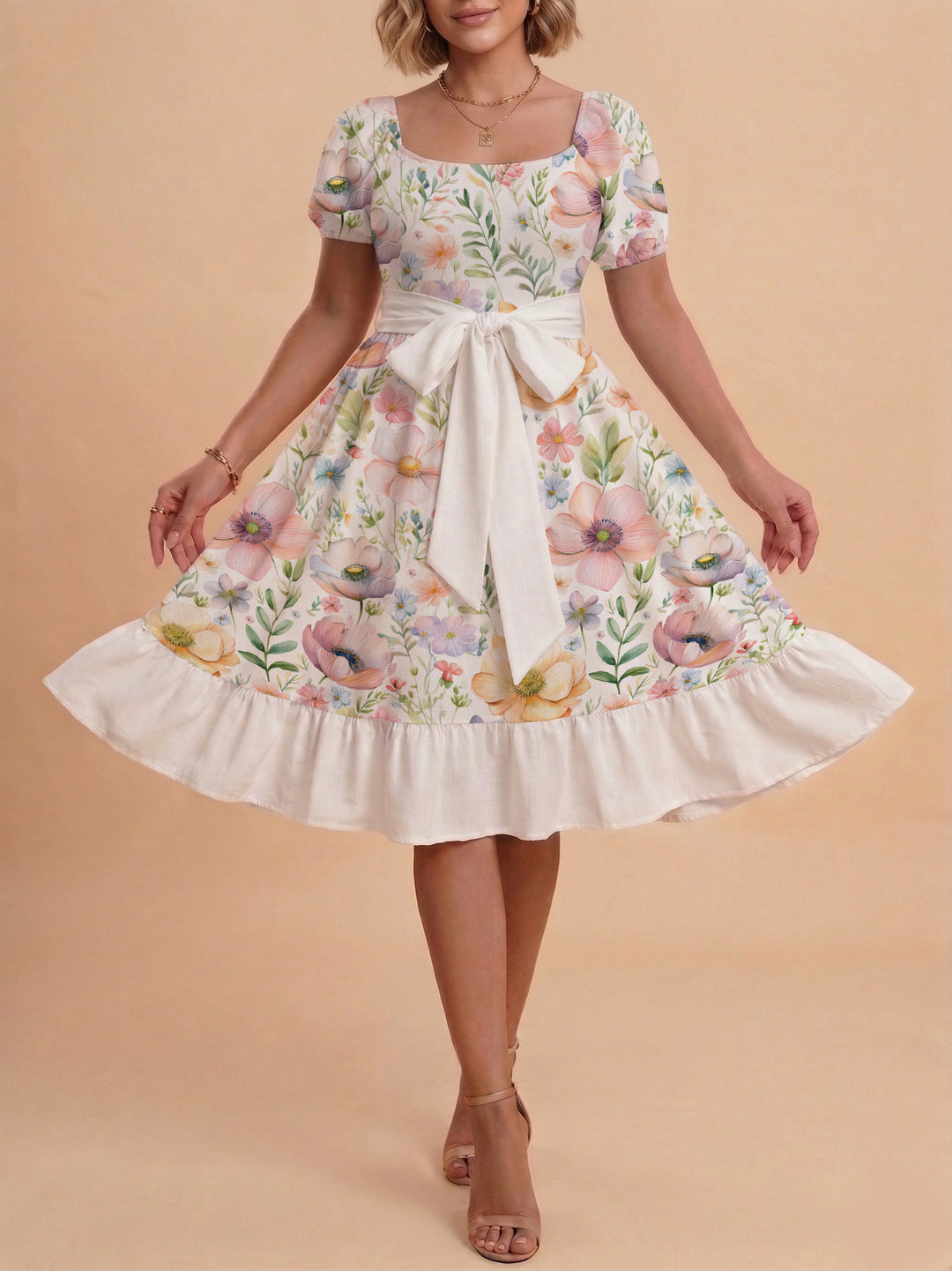 Damen elegantes Maxikleid mit floralem Design und Taillengürtel R&B