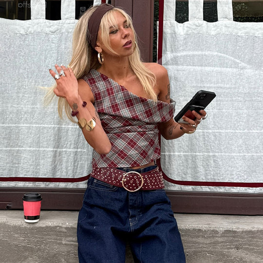 Damen Karo-Crop-Top mit lässigem Schnitt R&B