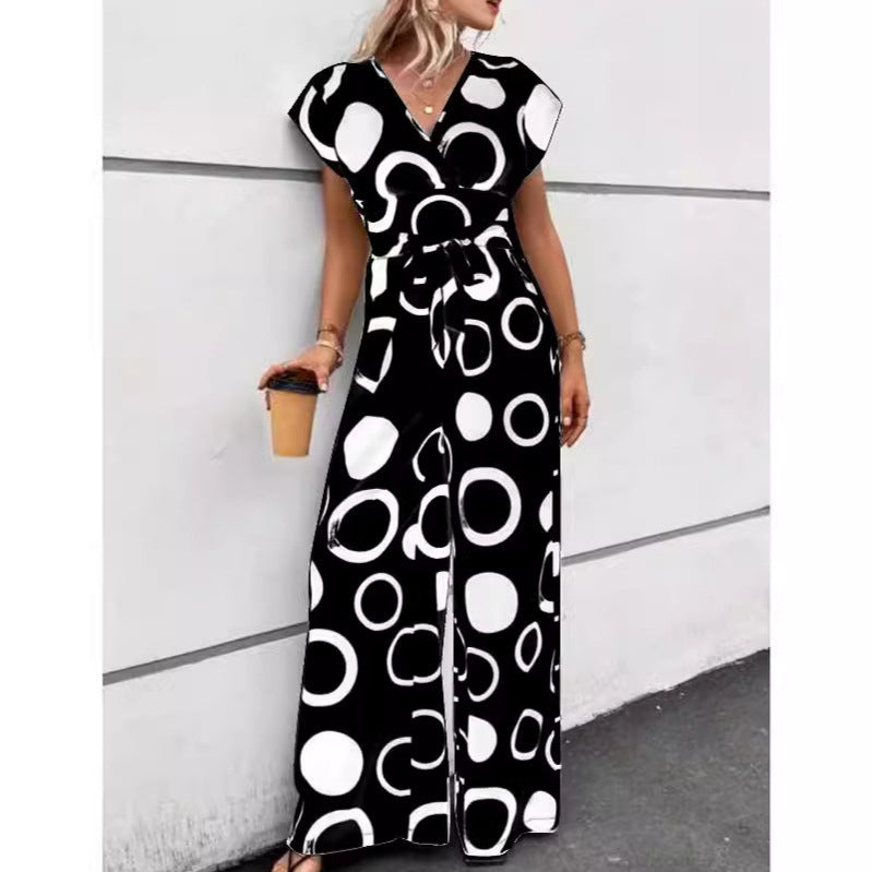 Damen Modischer Jumpsuit mit kurzem Arm und tiefem V-Ausschnitt R&B