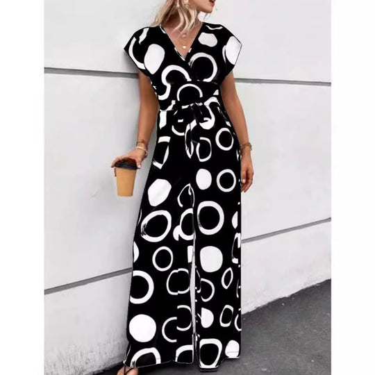 Damen Modischer Jumpsuit mit kurzem Arm und tiefem V-Ausschnitt R&B