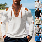 Herren lässiges Langarm-Henley-Shirt mit ausgefallenem Schnürdesign und kontrastrierenden Ellenbogen-Patches R&B