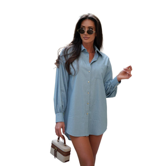 Damen lässiges Button-Up-Shirt mit Ballonärmeln R&B