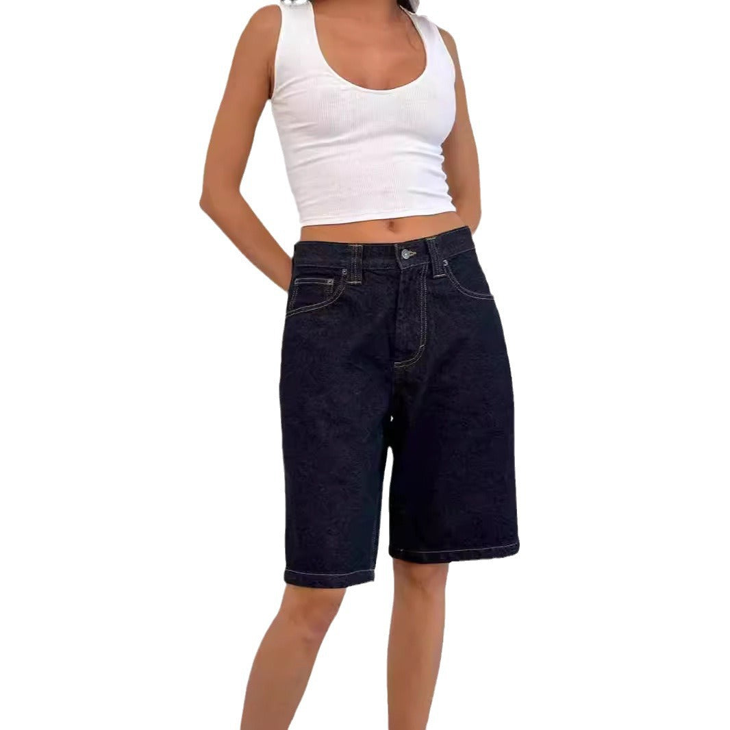 Damen lässige Denim-Shorts mit weitem Schnitt und hohen Seitentaschen R&B