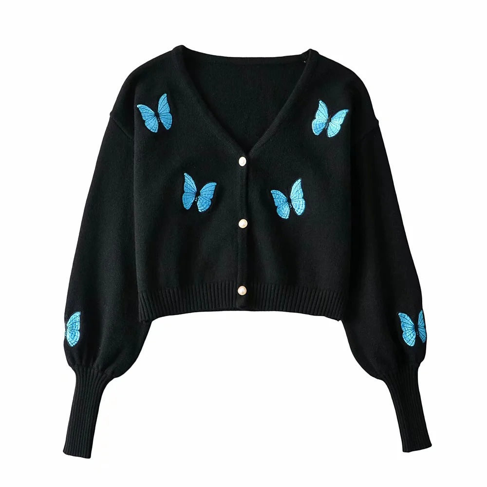 Damen Kurze Strickjacke mit floralem Stickdesign R&B