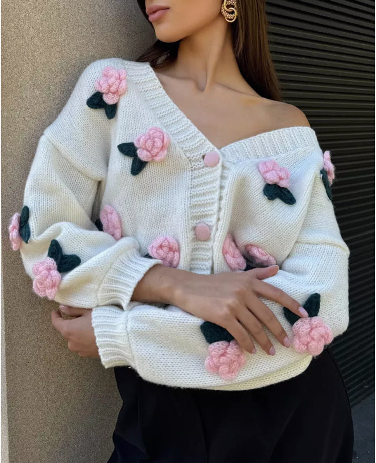 Damen Strickjacke mit floralem Stickdesign und geripptem Bund R&B
