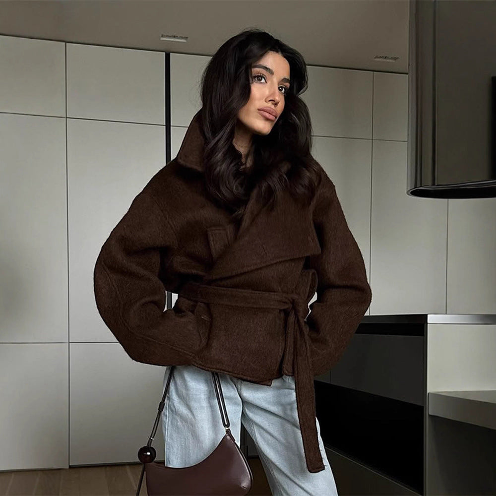 Damen elegante Oversized-Wolljacke mit Gürtel R&B