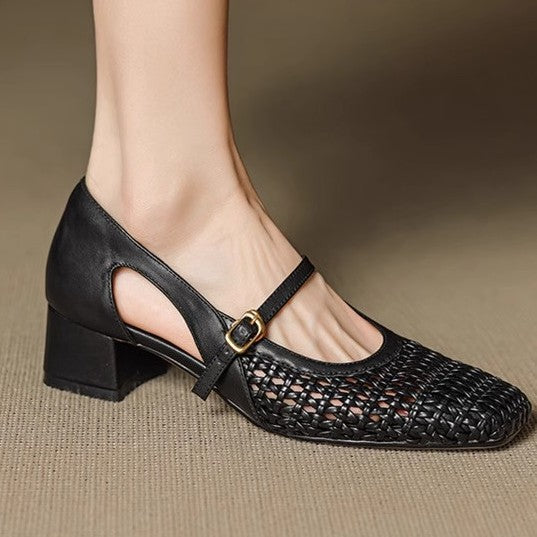 Damen elegante Mary Jane Pumps mit modischem Geflecht und bequemem Blockabsatz R&B