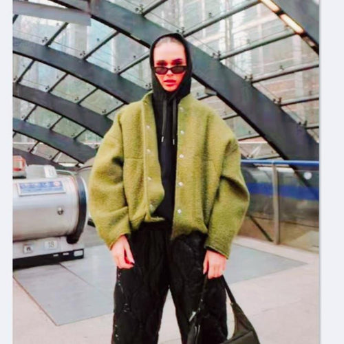 Damen Oversized Wolljacke mit knopflosem Design und weichem Innenfutter R&B