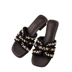 Damen Glamouröse Sandalen mit Perlenapplikationen und elegantem Blockabsatz EB