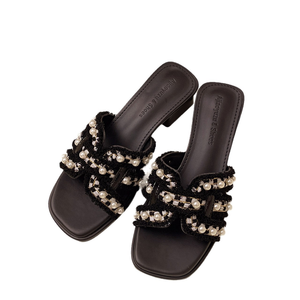 Damen Glamouröse Sandalen mit Perlenapplikationen und elegantem Blockabsatz EB