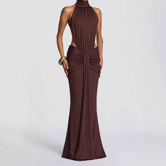 Damen Elegantes Maxikleid mit drapiertem Vorderteil und hochgeschlossenem Design R&B