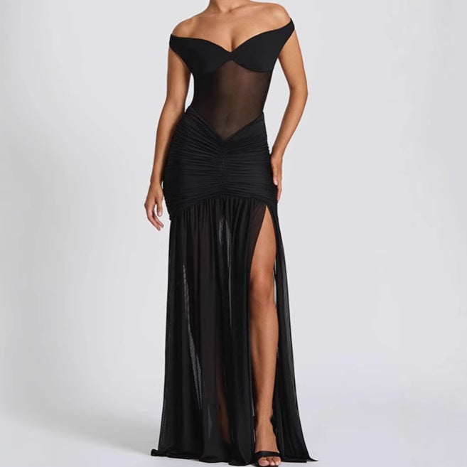 Damen Elegantes Off-Shoulder Maxikleid mit Rüschendetails und hohem Schlitz R&B