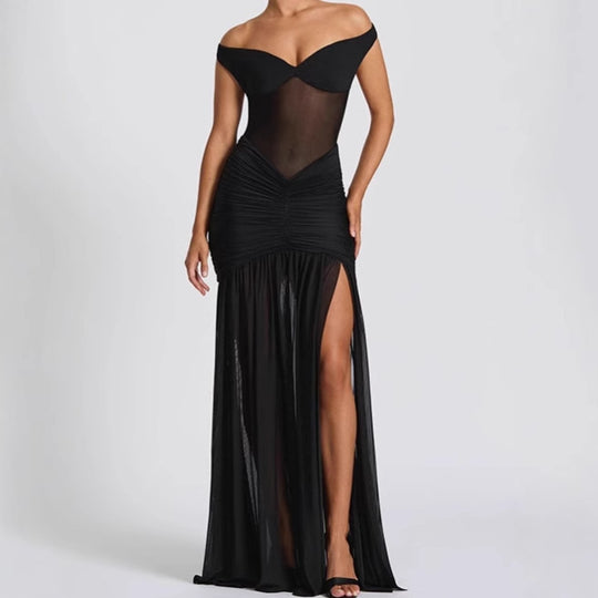 Damen Elegantes Off-Shoulder Maxikleid mit Rüschendetails und hohem Schlitz R&B
