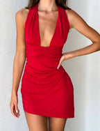 Damen Minikleid mit tiefem V-Ausschnitt und gerafftem Design R&B