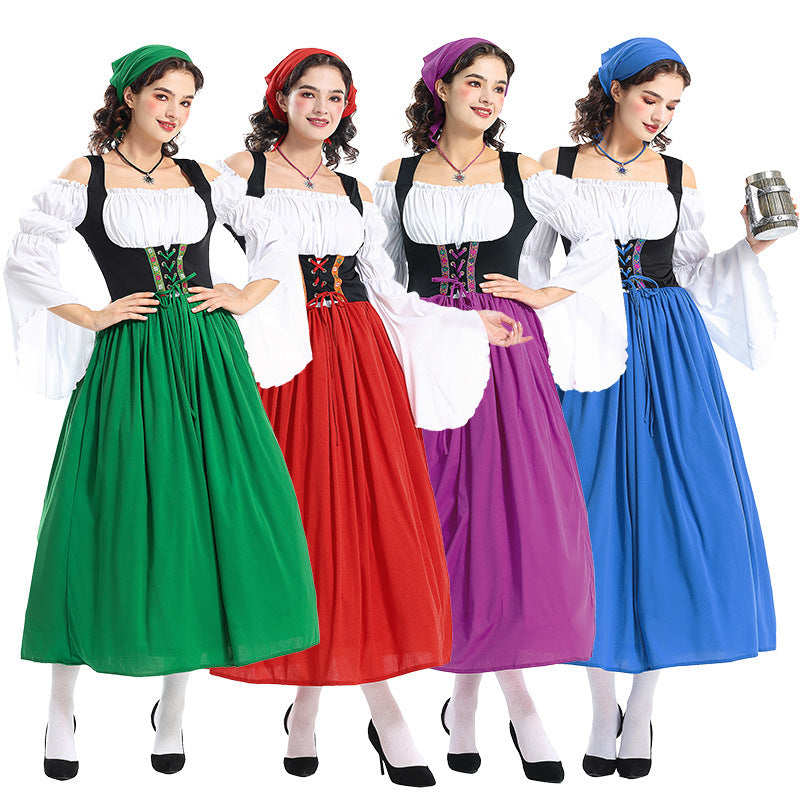 Damen nan RenaissancR&Bauernkleid mit geschnürtem Mieder, schulterfreiem Carmen-Oberteil und weitem Rock R&B