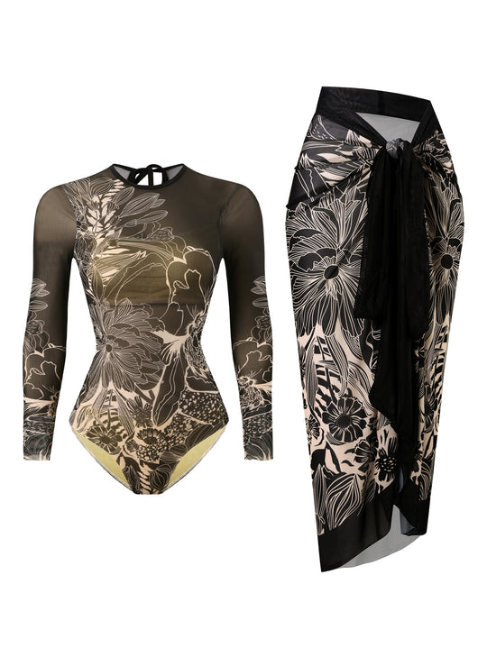 Damen Badeanzug mit elegantem transparentem Wickelrock R&B