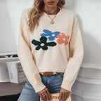Damen lässiger Pullover mit floralen Motiven und Rundkragen
