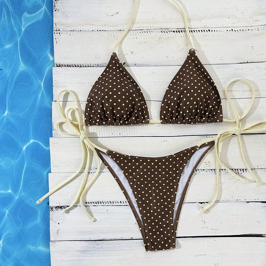 Damen Triangel-Bikini mit modischem Punkten-Design und verstellbaren Bindebändern R&B