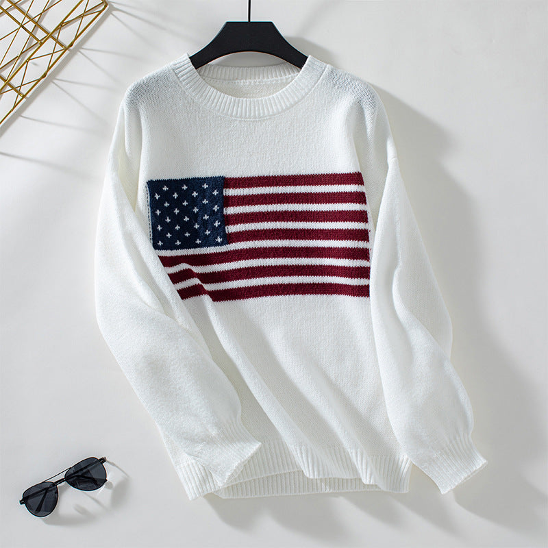 Damen Strickpullover mit Flaggenmotiv und Rundhalsausschnitt R&B