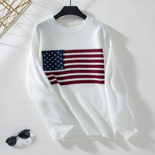 Damen Strickpullover mit Flaggenmotiv und Rundhalsausschnitt R&B