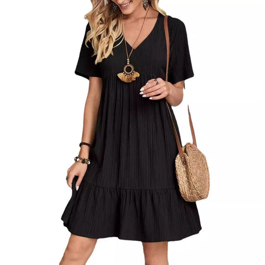 Damen lässiges V-Ausschnitt Kleid mit Schößchen und Rüschendetails R&B