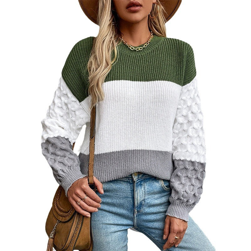Damen modischer Pullover mit strukturierten Ärmeln und Blockstreifen