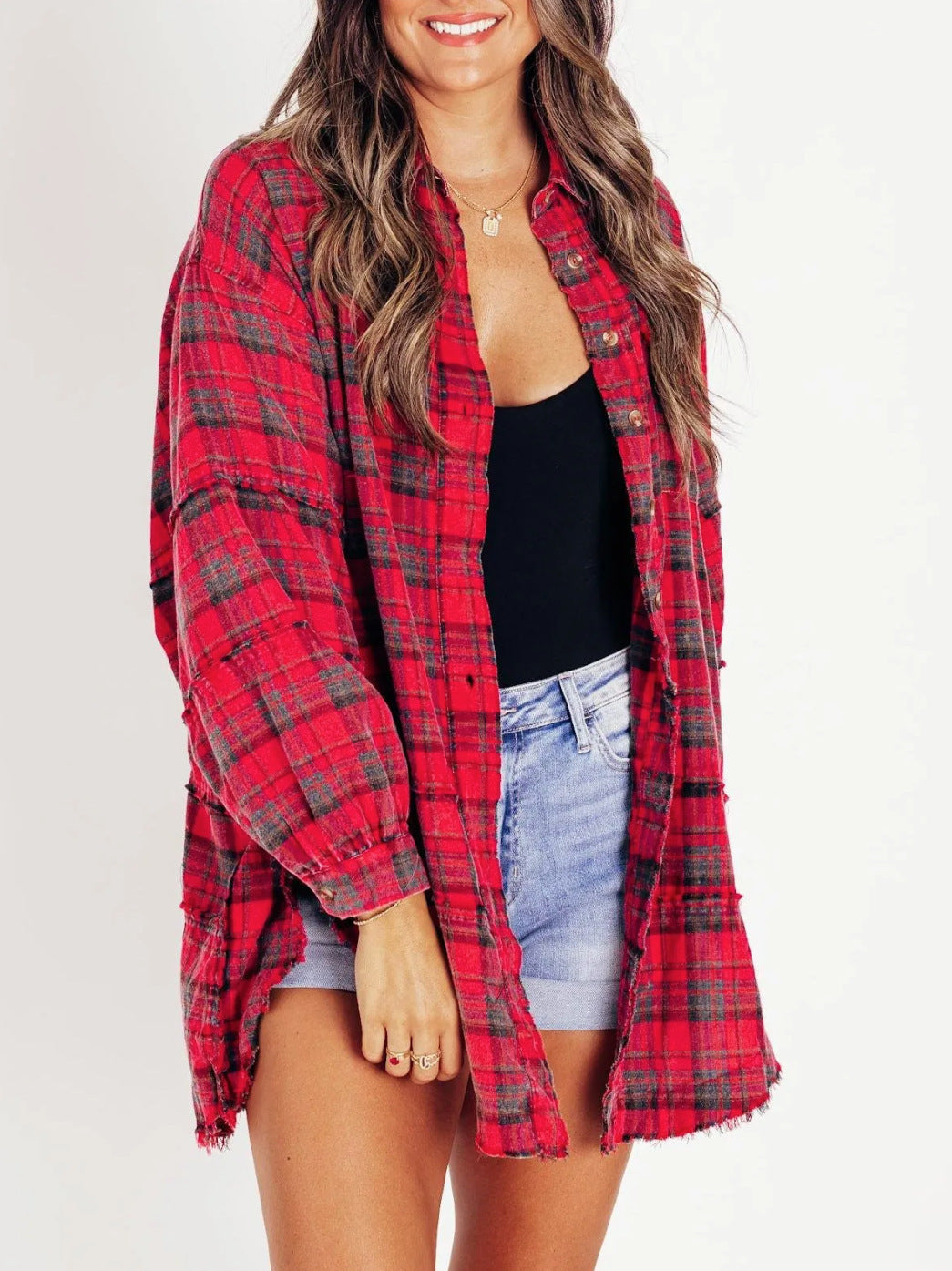 Damen karierte Oversized-Hemdjacke R&B