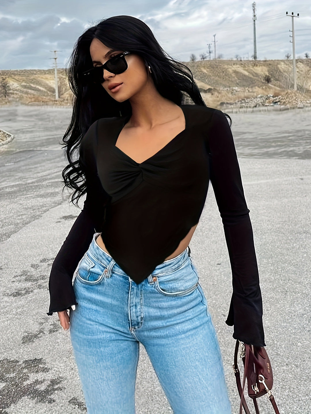 Damen Figurbetonter Longsleeve mit raffinierter Raffung R&B