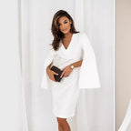 Damen Elegant geschnittenes Wickelkleid mit auffälligen Trompetenärmeln und V-Ausschnitt R&B