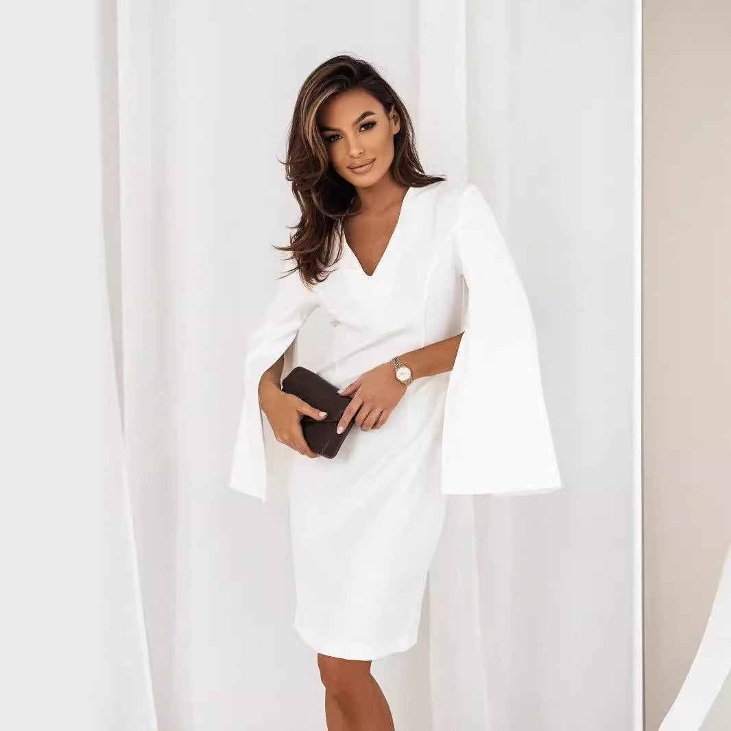 Damen Elegant geschnittenes Wickelkleid mit auffälligen Trompetenärmeln und V-Ausschnitt R&B