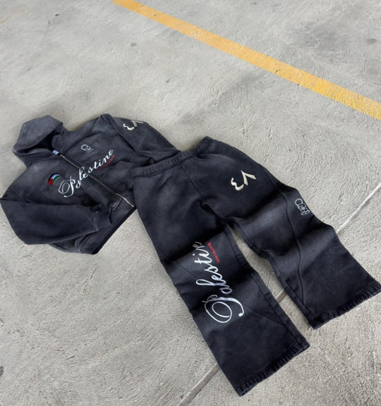 Unisex nan Oversize Kapuzensweat-Set im Vintage-Look mit Reißverschluss, aussagekräftiger Stickerei und weitem Sweatpant R&B