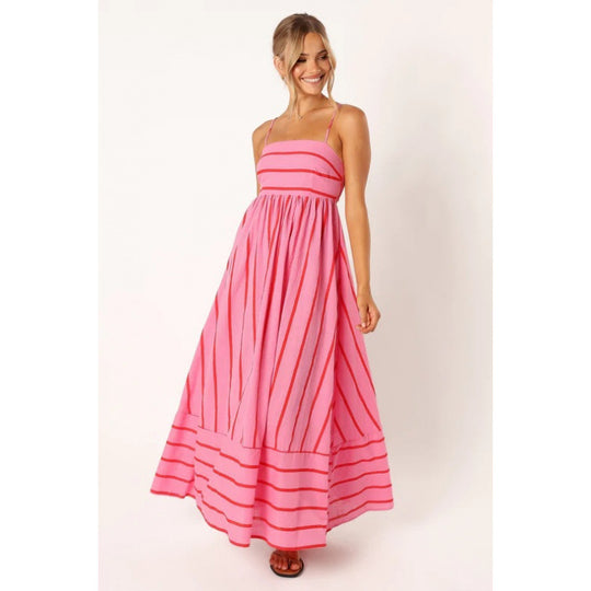 Damen Maxikleid mit feinen Streifen und elastischem Taillenbund R&B