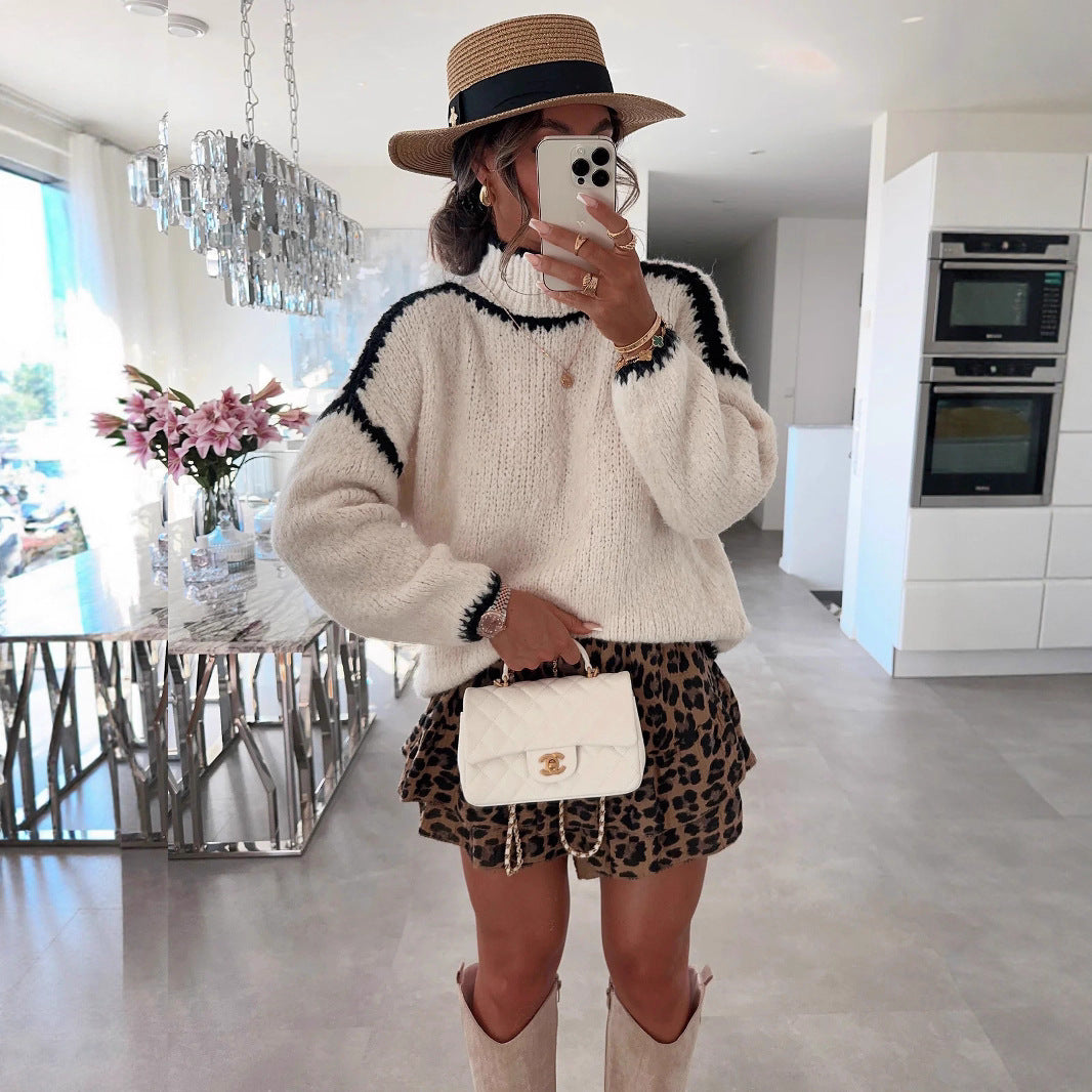 Damen modischer Pullover mit hohem Kragen und strukturiertem Strickdesign R&B