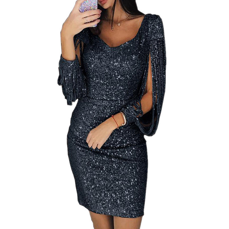 Damen Glitzerndes Cocktailkleid mit tiefem V-Ausschnitt und schwingenden Ärmeln R&B