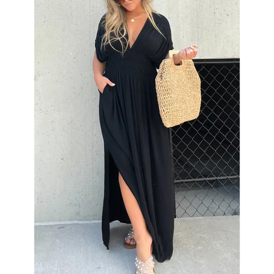 Damen Maxikleid mit tiefem V-Ausschnitt und praktischen Seitentaschen R&B