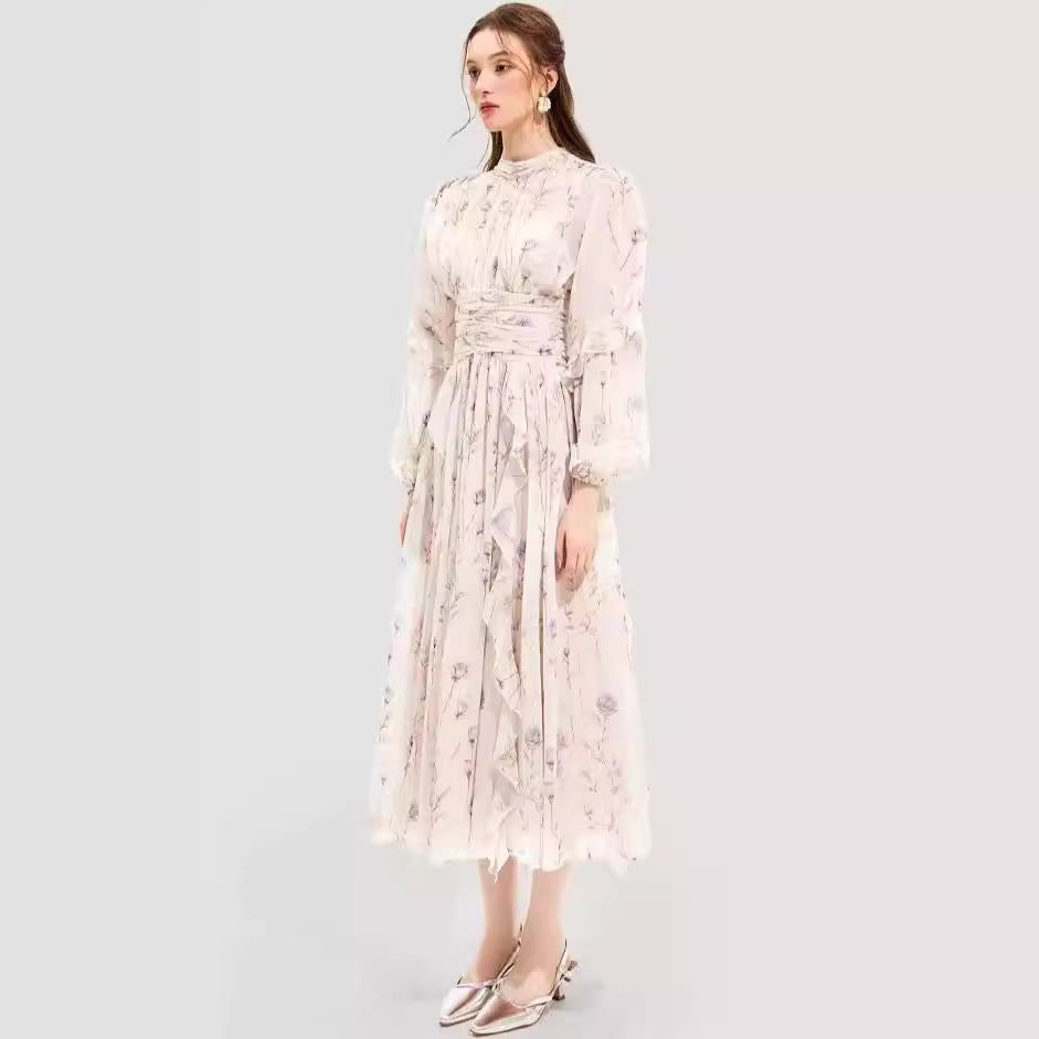 Damen Midi-Kleid mit floralen Stickereien und elegantem Rüschensaum R&B