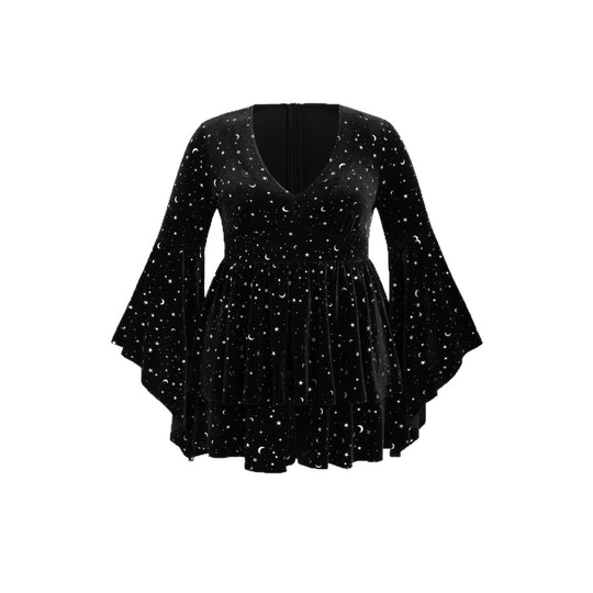 Damen Kurzes Samtkleid mit weitem Rock und aufregendem Sternenprint R&B